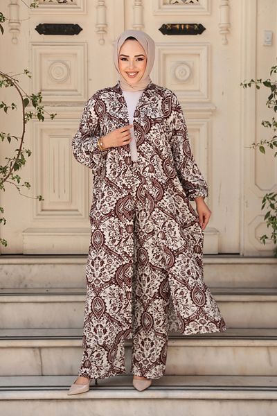 N.S NEVA STYLE Patterned Brown Hijab Double Kimono Set 12884Kh