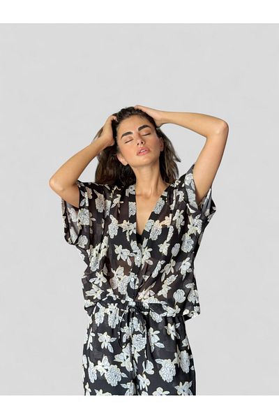 Retrobird Cămașă kimono din șifon cu decolteu în V pentru femei, negru, alb