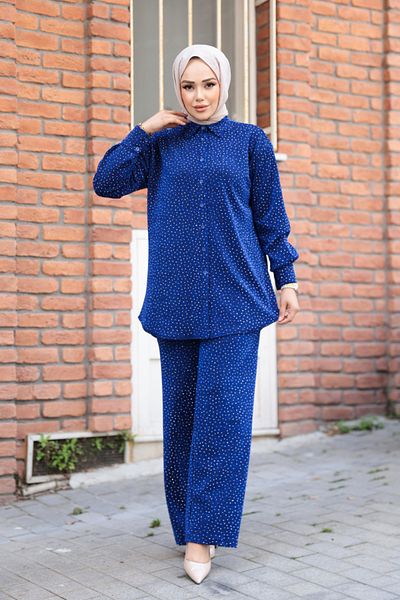 N.S NEVA STYLE Stoned Sax Blue Hijab Double Set 12921Sx