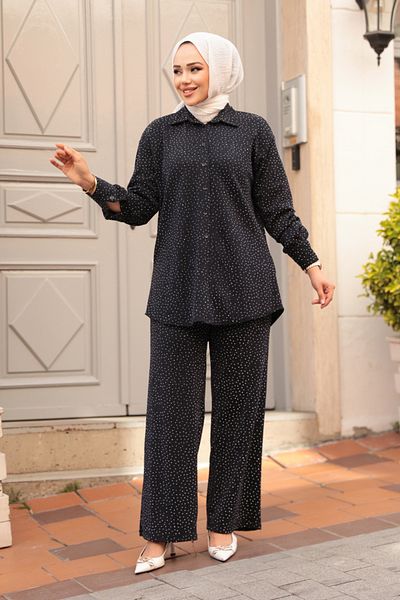 N.S NEVA STYLE Stoned Dark Navy Blue Hijab Double Set 12921Kl
