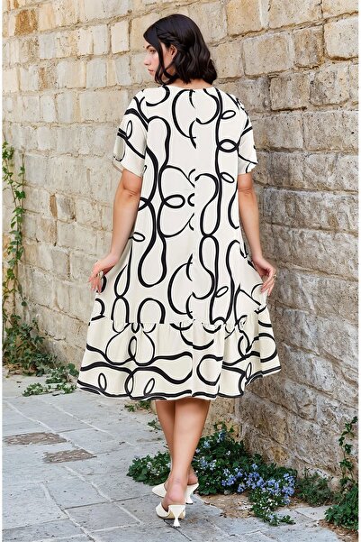 Burcumay Women's Patterned Short Sleeve Ecru Pocket Ruffle Plus Size Dress Viscose Summer Beach Vacation Dress