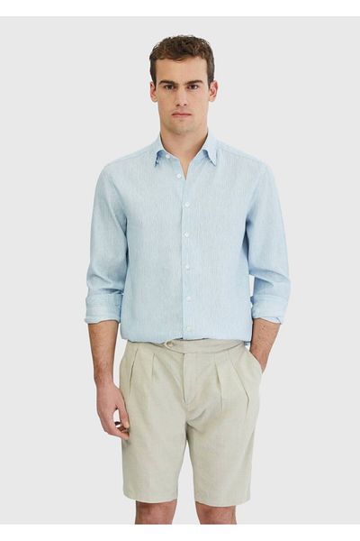 Ramsey Μπλε ριγέ Casual Fit Υφαντό Casual Βαμβακερό Μικτό Πουκάμισο