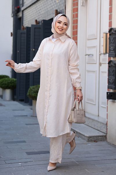 N.S NEVA STYLE Patterned Beige Hijab Double Set 12981Bej