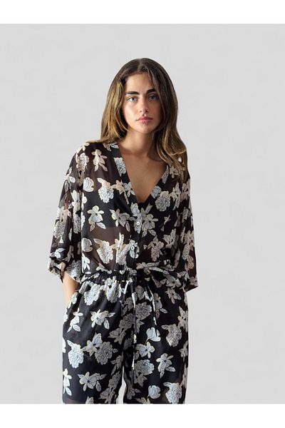 Retrobird Cămașă kimono din șifon cu decolteu în V pentru femei, negru, alb