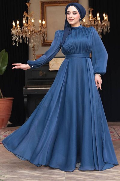 N.S NEVA STYLE Βραδινό φόρεμα με ντραπέ Μπλε Navy Hijab 51072L
