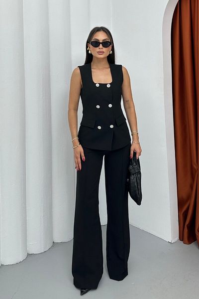spirituel Women's Double Bottom Top Set Stylish Button Detailed Square Neck Vest Pants Set