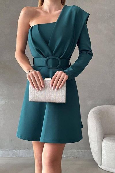Mossta One Sleeve Belt Detailed Scuba Evening Dress - Green