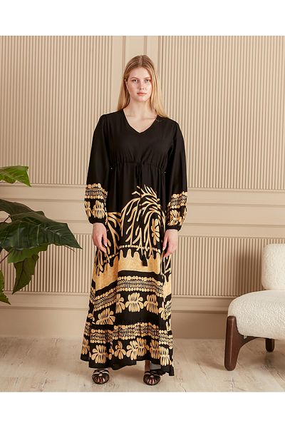 EL jadida Women's Patterned Plus Size Hijab Viscose Dress Black