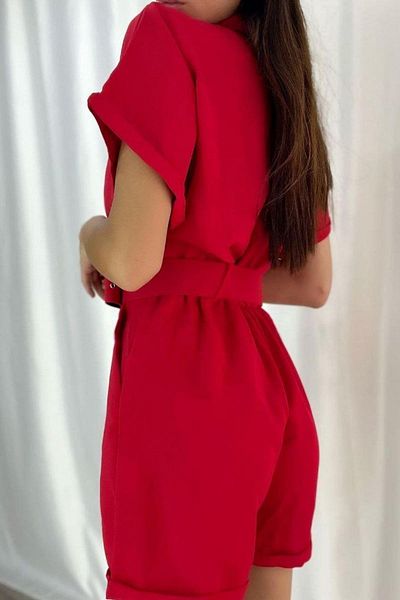 Mossta Double Breasted Collar Belted Mini Jumpsuit - Red