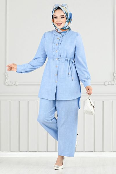 ModaMerve Front Buttoned Hijab Suit 022Mr1077-M Baby Blue