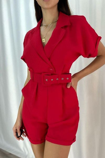 Mossta Double Breasted Collar Belted Mini Jumpsuit - Red