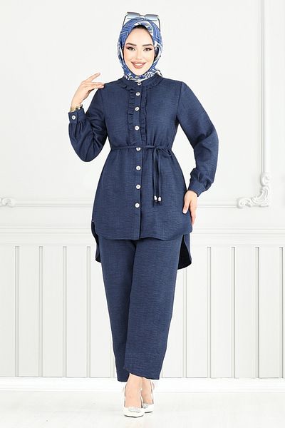 ModaMerve Front Buttoned Hijab Suit 022Mr1077-M Navy