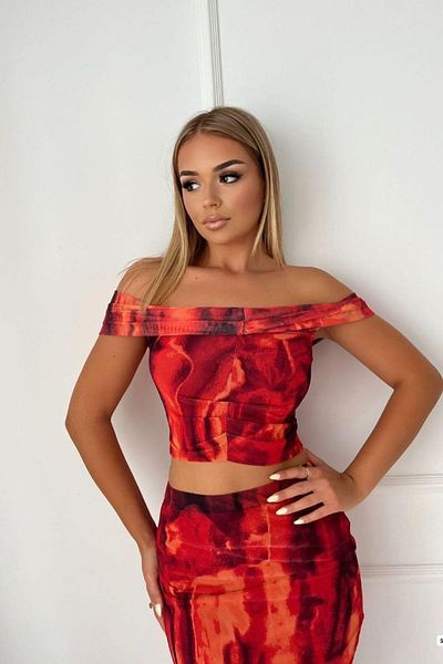 Mossta Patterned Tulle Crop Blouse and Midi Skirt Set - Red