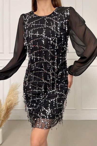 Mossta Balloon Sleeve Fringed Purl Sequin Dress - Black