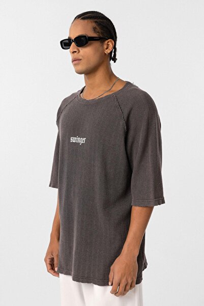 VAMOSCLO Πλένεται oversized με τύπωμα Πλεκτό μπλουζάκι καφέ