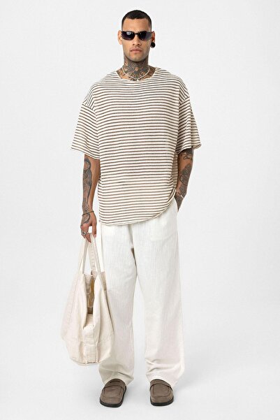 VAMOSCLO Ριγέ oversized Πλεκτό Μπλουζάκι Καφέ