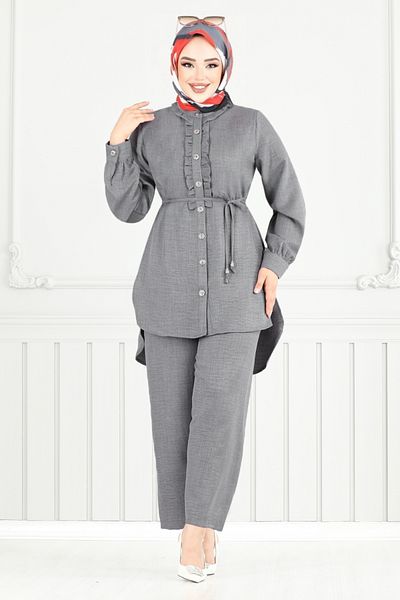 ModaMerve Front Buttoned Hijab Suit 022Mr1077-M Anthracite