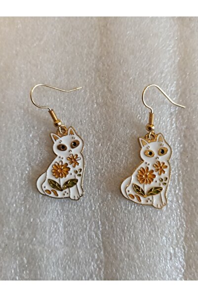 Butik Tülin أقراط متدلية على شكل قطة معدنية ذهبية أصلية مطلية بالمينا البيضاء...