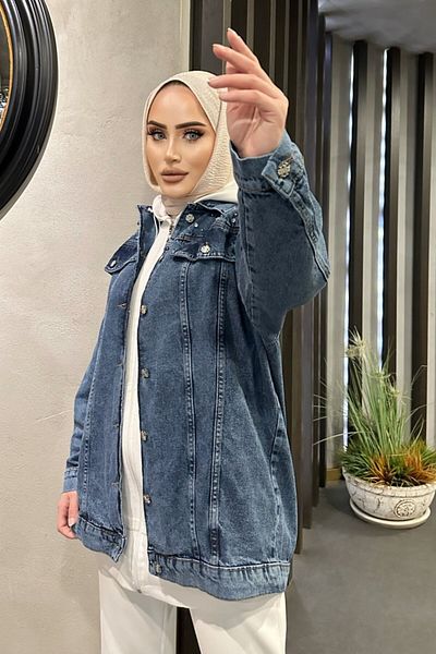 TOFİSA Jachetă de blugi oversize cu detaliu de piatră de umăr pentru femei Albastru închis - 26616