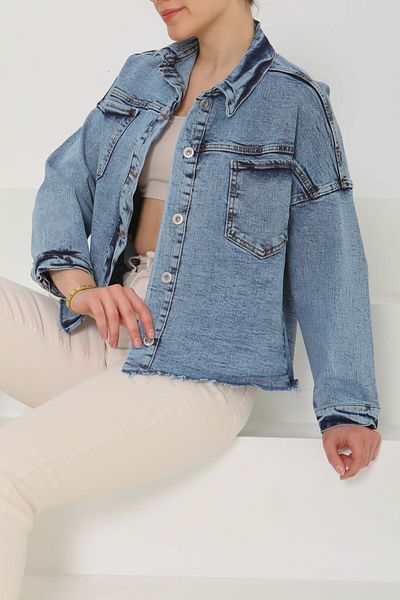 TOFİSA Women's Oversize Tassel Detail Collar Pocket Denim Jacket Blue - 26580