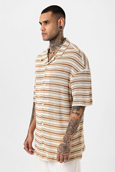 VAMOSCLO oversized Ριγέ πλεκτό μπλουζάκι Camel