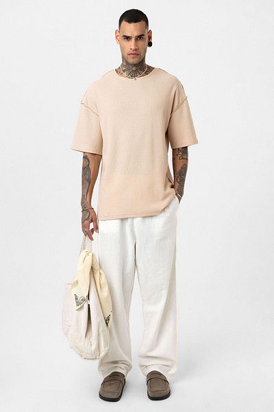 VAMOSCLO Back Text Printed Oversize Knitwear T-Shirt Beige