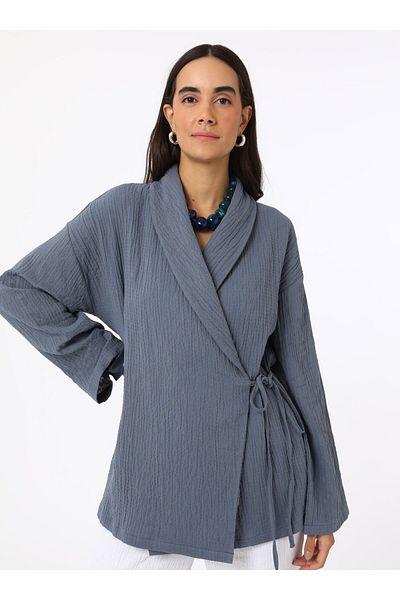 Benin Cotton Muslin Kimono with Tie Detail - Gray Blue - Benin