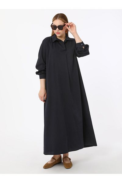 ALİA Plus Size Dress with Poplin Fabric - Navy Blue - Alia