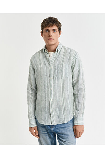 Gant Erkek Yeşil Regular Fit Düğmeli Yaka Çizgili Gömlek