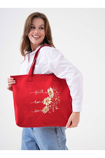 Çınar Bez Çanta Omuz Çantası -Hope Love Baskılı KIRMIZI Yatay Kanvas Çanta -