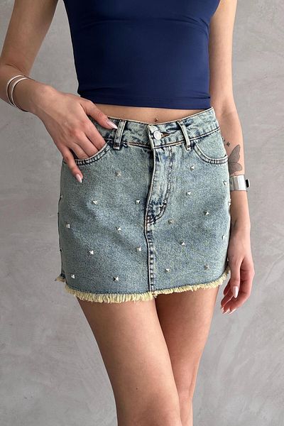 ZAROLİ Mini fustă din denim anticată cu ciucuri de piatră