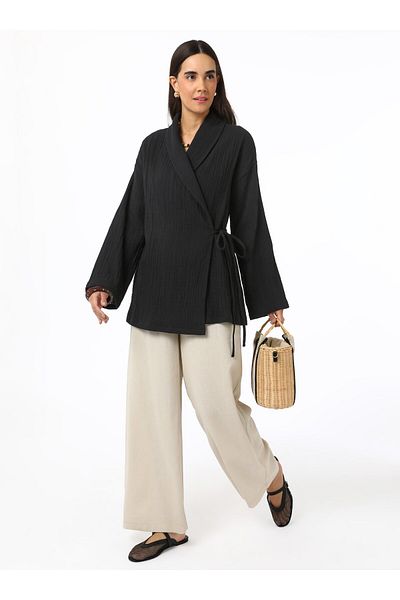 Benin Cotton Muslin Kimono with Tie Detail - Black - Benin