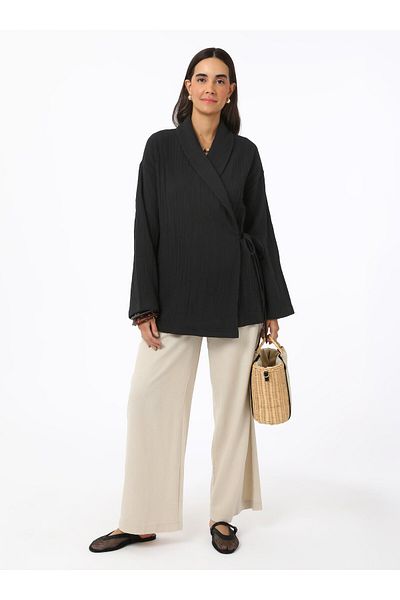 Benin Cotton Muslin Kimono with Tie Detail - Black - Benin