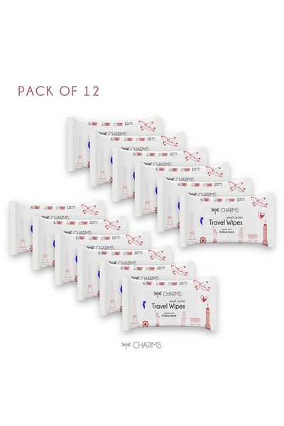 Charms Travel Wipes Antibacterial,10 Wipes (Pack of 12 ) I Alcohol & Paraben-Free, pH-Balanced.