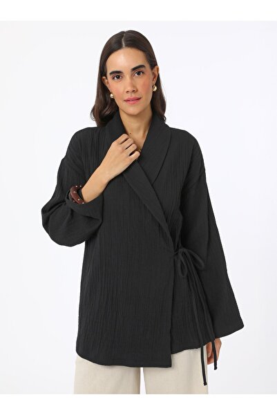 Benin Cotton Muslin Kimono with Tie Detail - Black - Benin