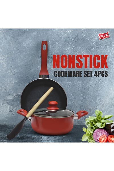 Sweet Home Non-Stick 4pcs Cookware Set with Frypan and casserole,Heat-Resistant Handle, Lid and Laddle Included