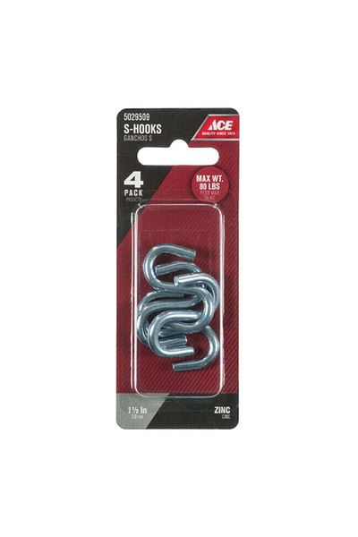 ACE 4-Piece Zinc Plated Corrosion Resistant Steel S-Hook Silver 1-1/2inch