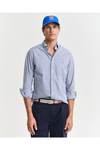 Gant Erkek Lacivert Regular Fit Düğmeli Yaka Çizgili Gömlek