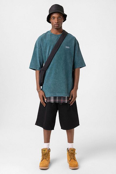 VAMOSCLO Washable Oversize Plaid Detailed T-Shirt Petrol