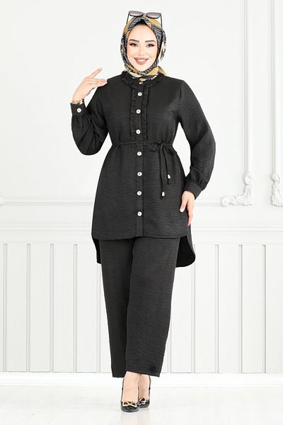 ModaMerve Front Buttoned Hijab Suit 022Mr1077-M Black