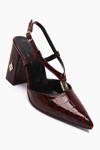 Limoya Celina Burgundy Crocodile Patterned Pointed Toe Women's Heeled Shoes