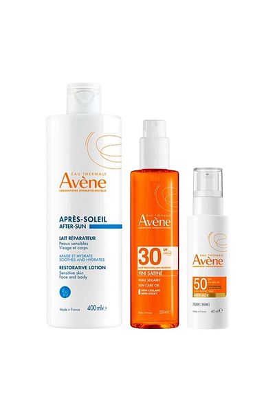 Avene Sun Care Set: Satin Oil SPF30 200ml, Anti-Aging Fluid SPF50+ 40ml, After-Sun Lotion 400ml