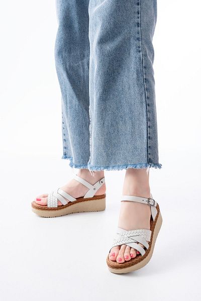 infon shoes creation 730-138 White Knitted Genuine Leather Orthopedic Sole Women's Sandals