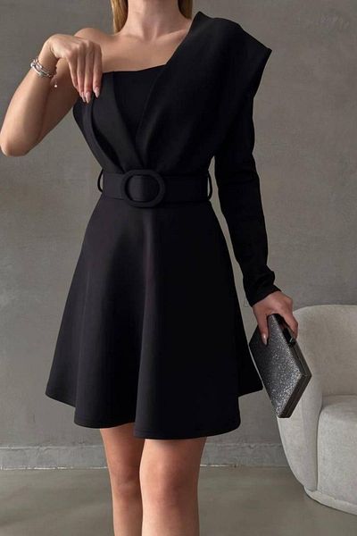 Mossta One Sleeve Belt Detailed Scuba Evening Dress - Black