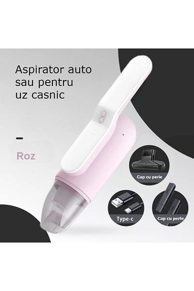 Influential Tech Aspirator auto și de casă fără fir 2 în 1, 80W, 13000Pa, lumină UV, 3000mAh, roz
