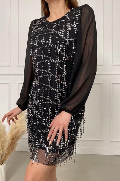 Mossta Balloon Sleeve Fringed Purl Sequin Dress - Black