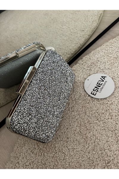 ESNEVA Women's Double Color Gray Diamond Stone Stylish Design Evening Dress Hand Bag