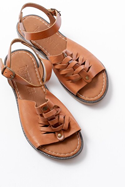 infon shoes creation 205-029 Tan Orthopedic Genuine Leather Women's Sandals