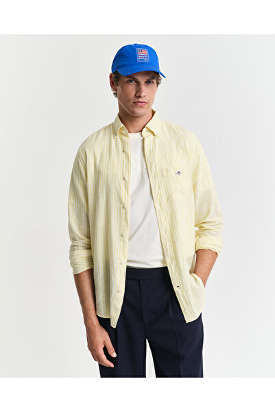 Gant Erkek Sarı Regular Fit Düğmeli Yaka Çizgili Gömlek