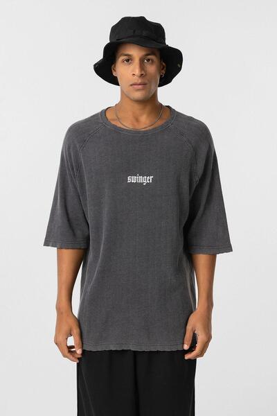 VAMOSCLO Πλένεται oversized με τύπωμα Πλεκτό μπλουζάκι μαύρο